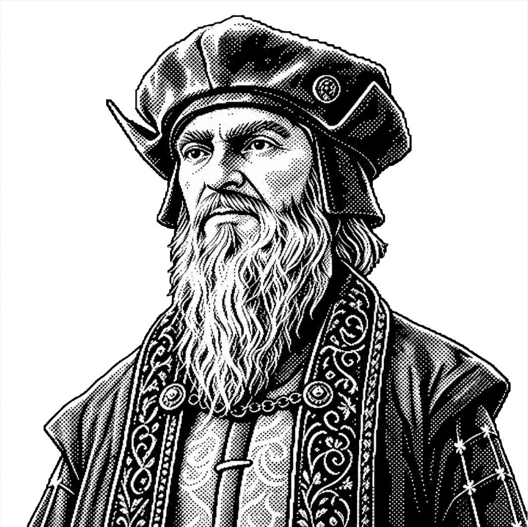 Engraved portrait of Ingrid, an old registrar with a long beard and an ornamented robe